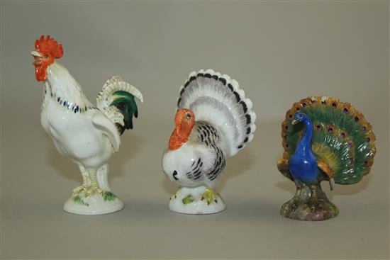 Three Meissen figures of a cockerel, a turkey and a peacock, late 19th century, 6.5cm-9cm